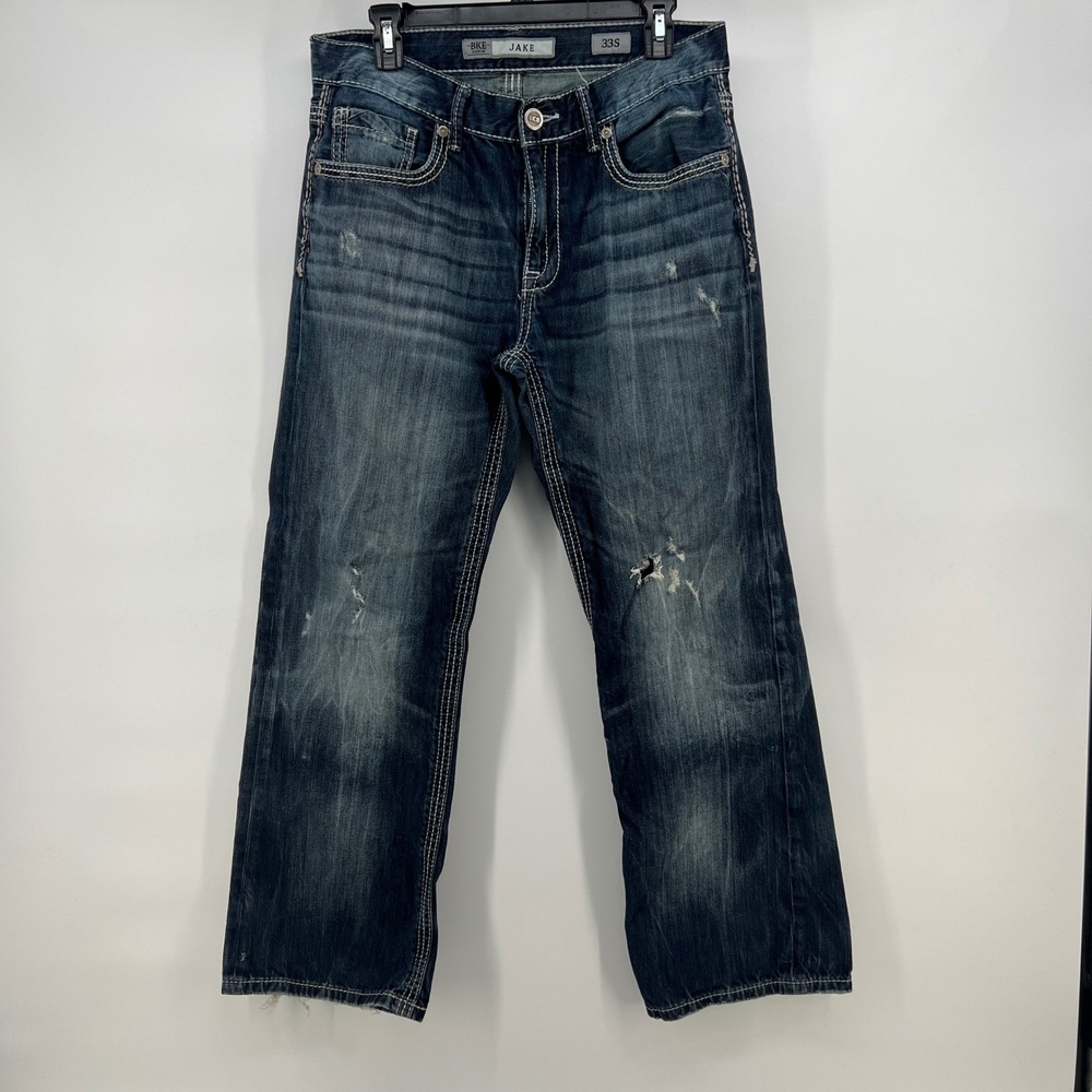 BKE Denim Jake Jeans Men's 33S Straight Leg Distressed Blue Cotton‎